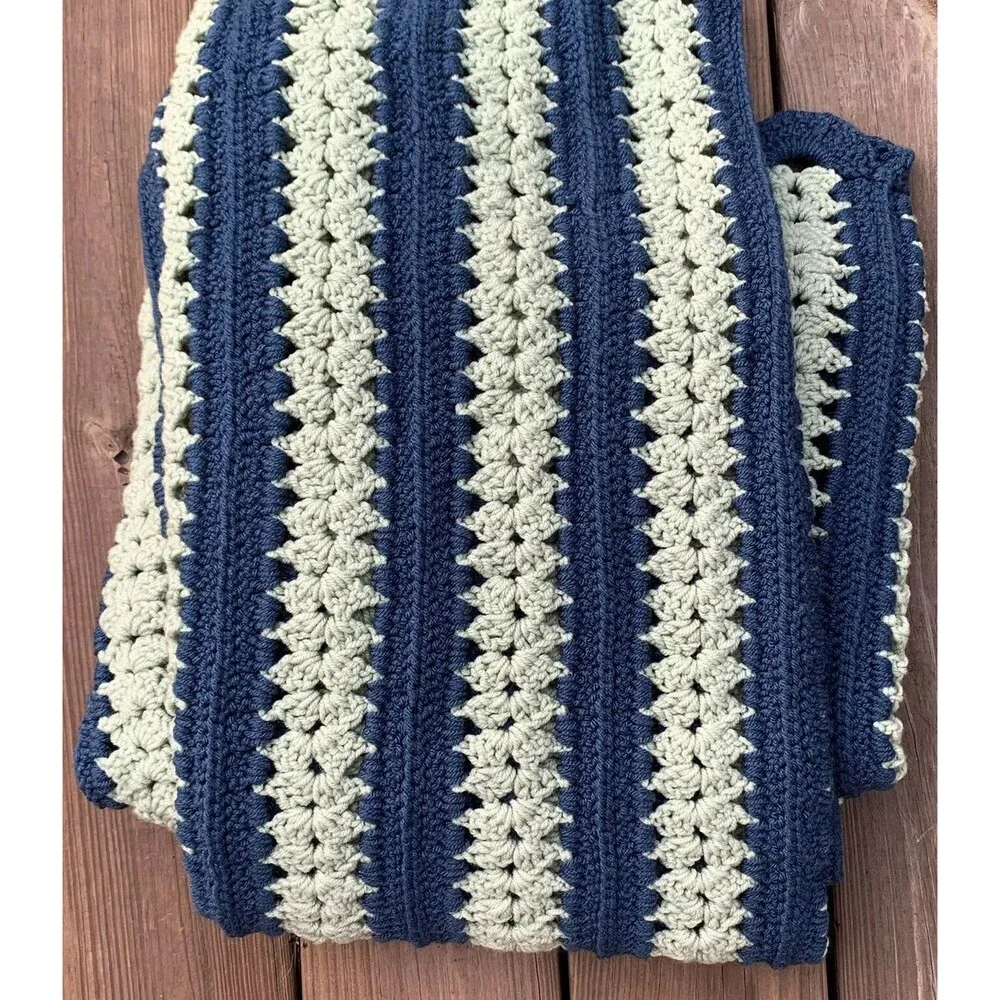 Vintage Crocheted Afghan Blanket Navy Blue Muted Green 65” x 46” Rounded Ends